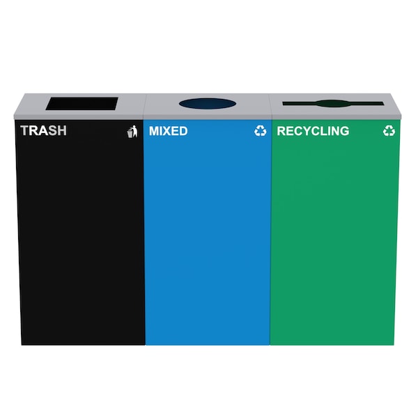 Alpine Industries 87 Gal. 3-Stream Steel Blue Mixed, Green Recycling, and Black Commercial Trash Can Station ALP4450-BLK-KIT40 - main
